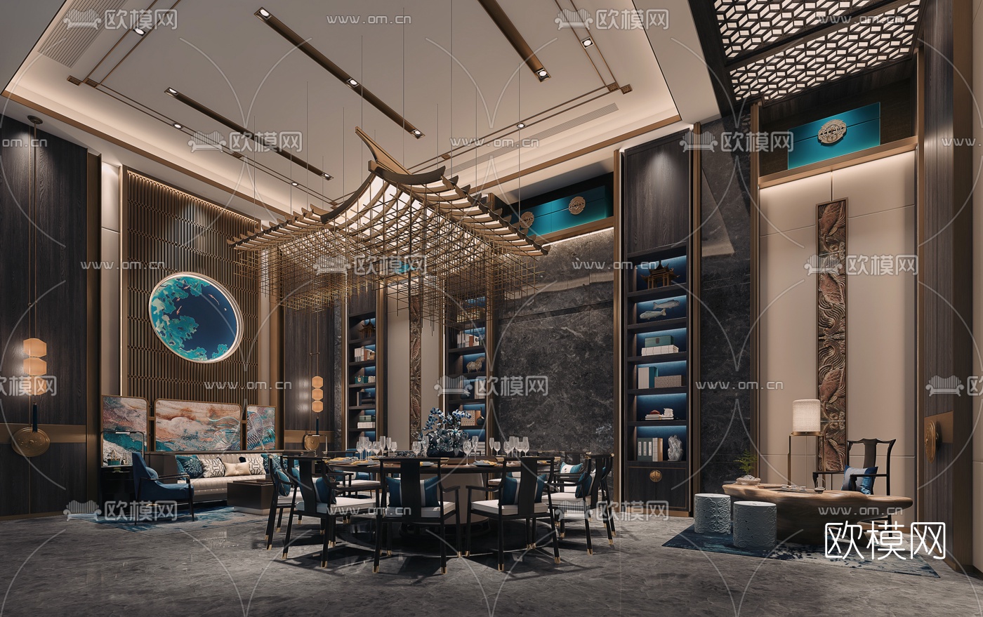 新中式轻奢酒店餐厅包房3d模型-免费3dmax模型库-欧模网