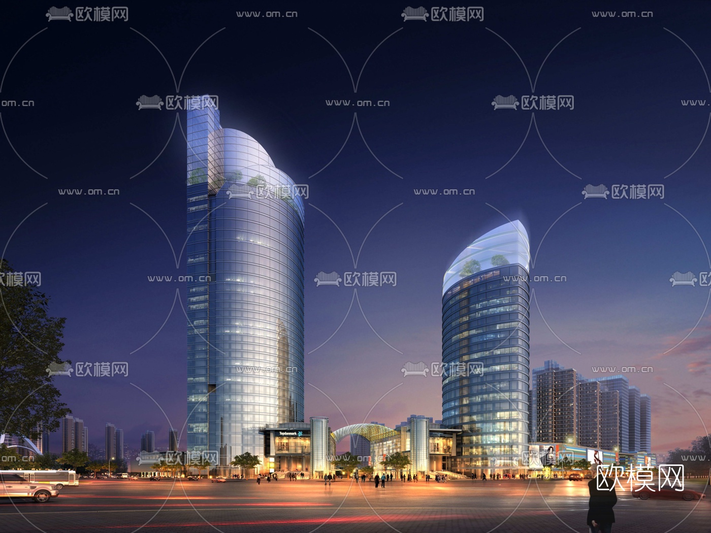 现代商业街外观夜景3d模型