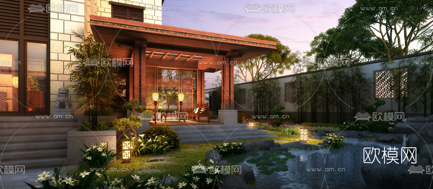 新中式别墅庭院花园景观3d模型