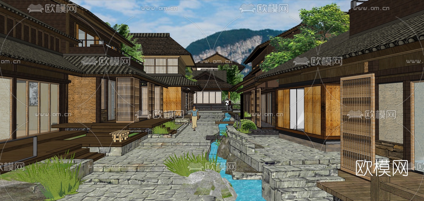 日式小镇外观su模型下载（渲染图1）