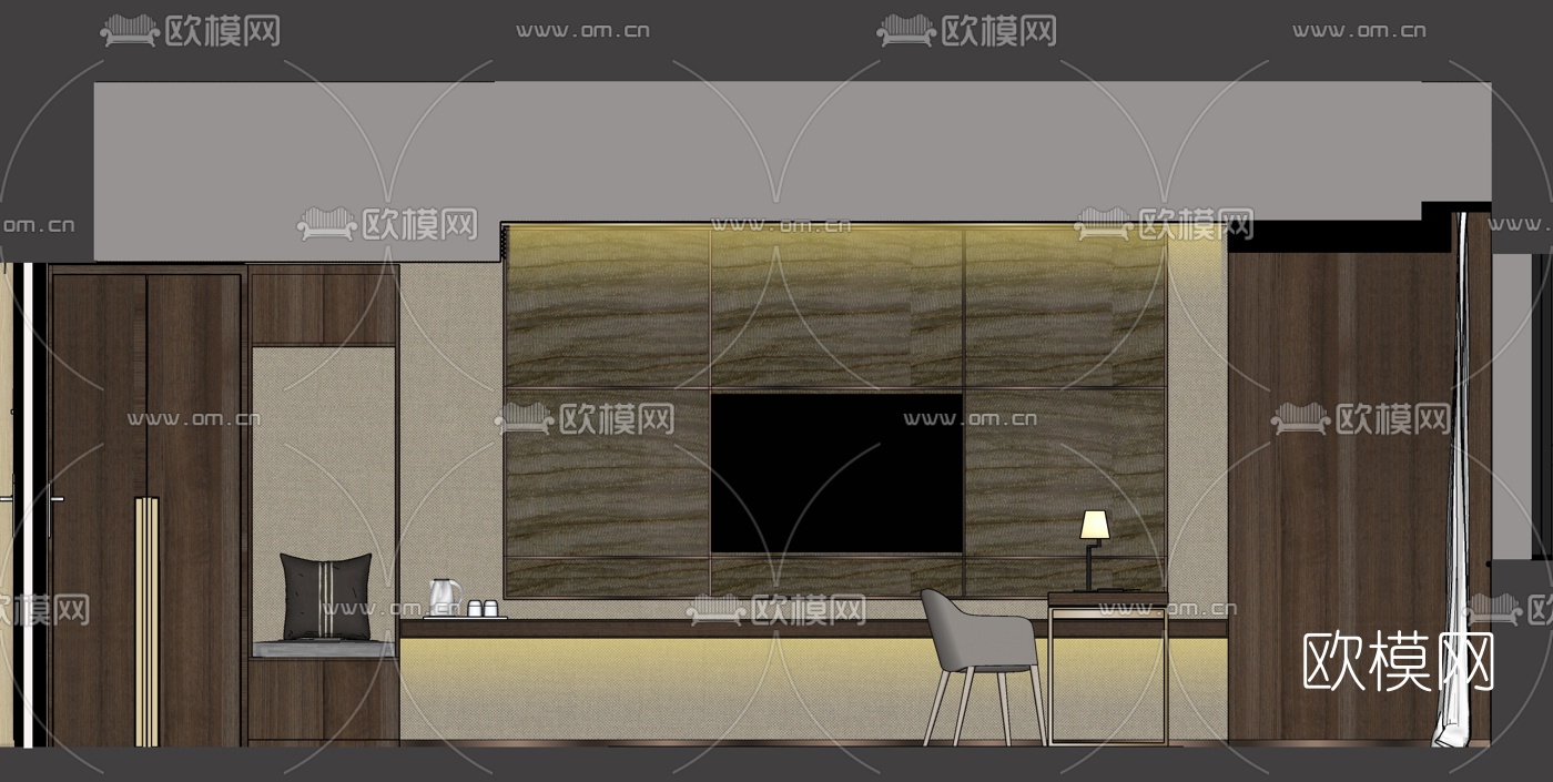 现代轻奢酒店客房标准间su模型下载（渲染图3）