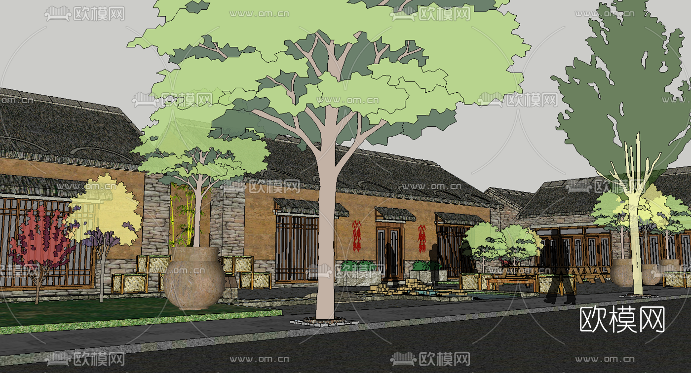 新中式民宿小镇鸟瞰su模型下载（渲染图4）