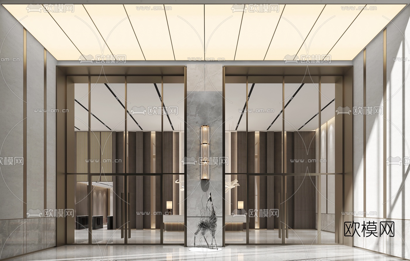 现代轻奢写字楼大堂前台3d模型下载（渲染图3）