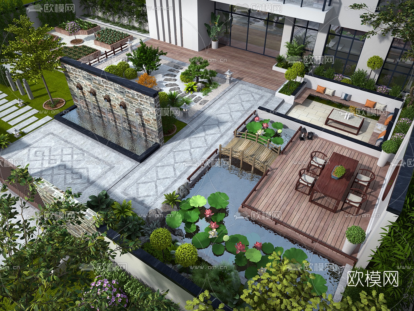 新中式庭院花园鸟瞰3d模型下载