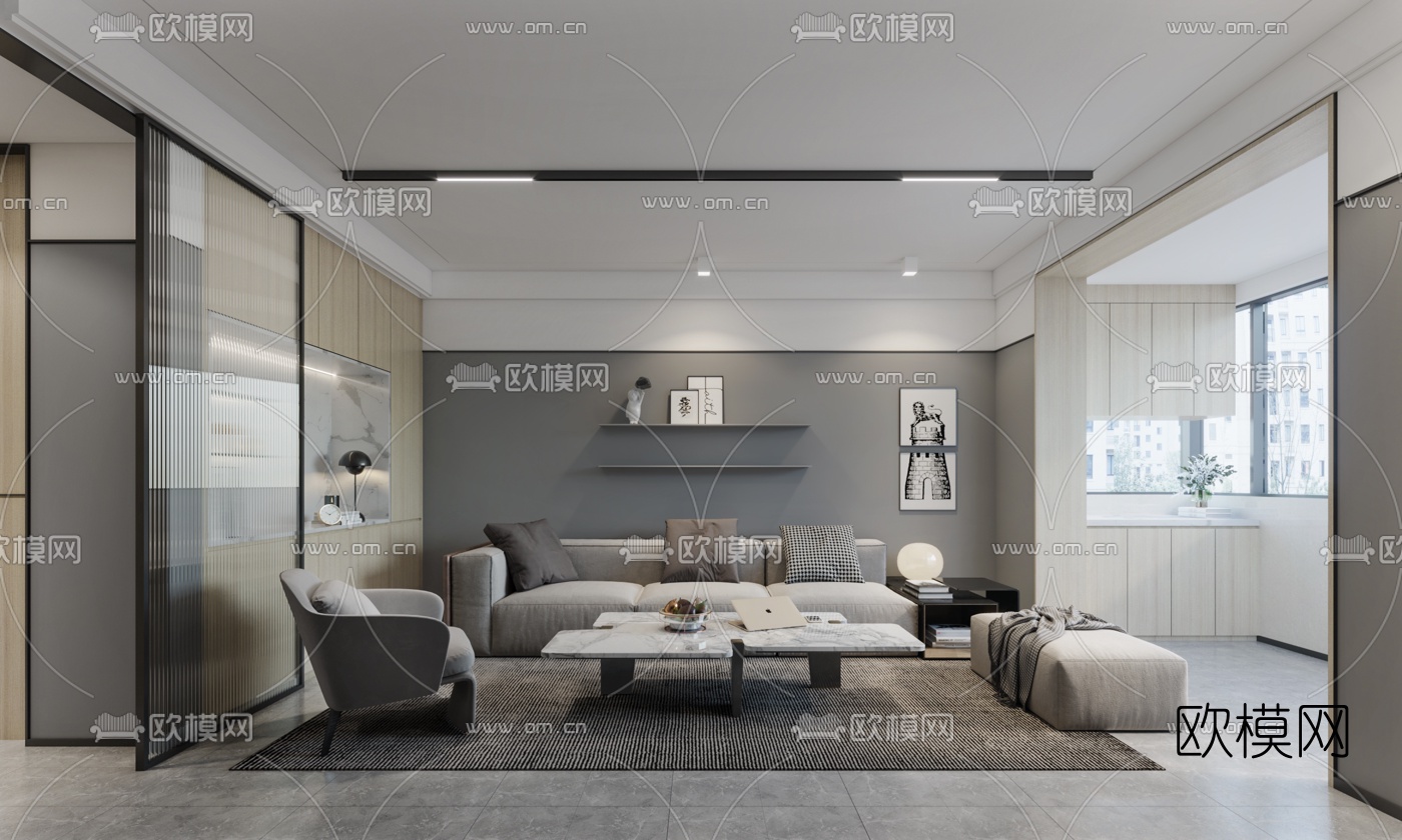 现代公寓客厅3d模型下载（渲染图1）