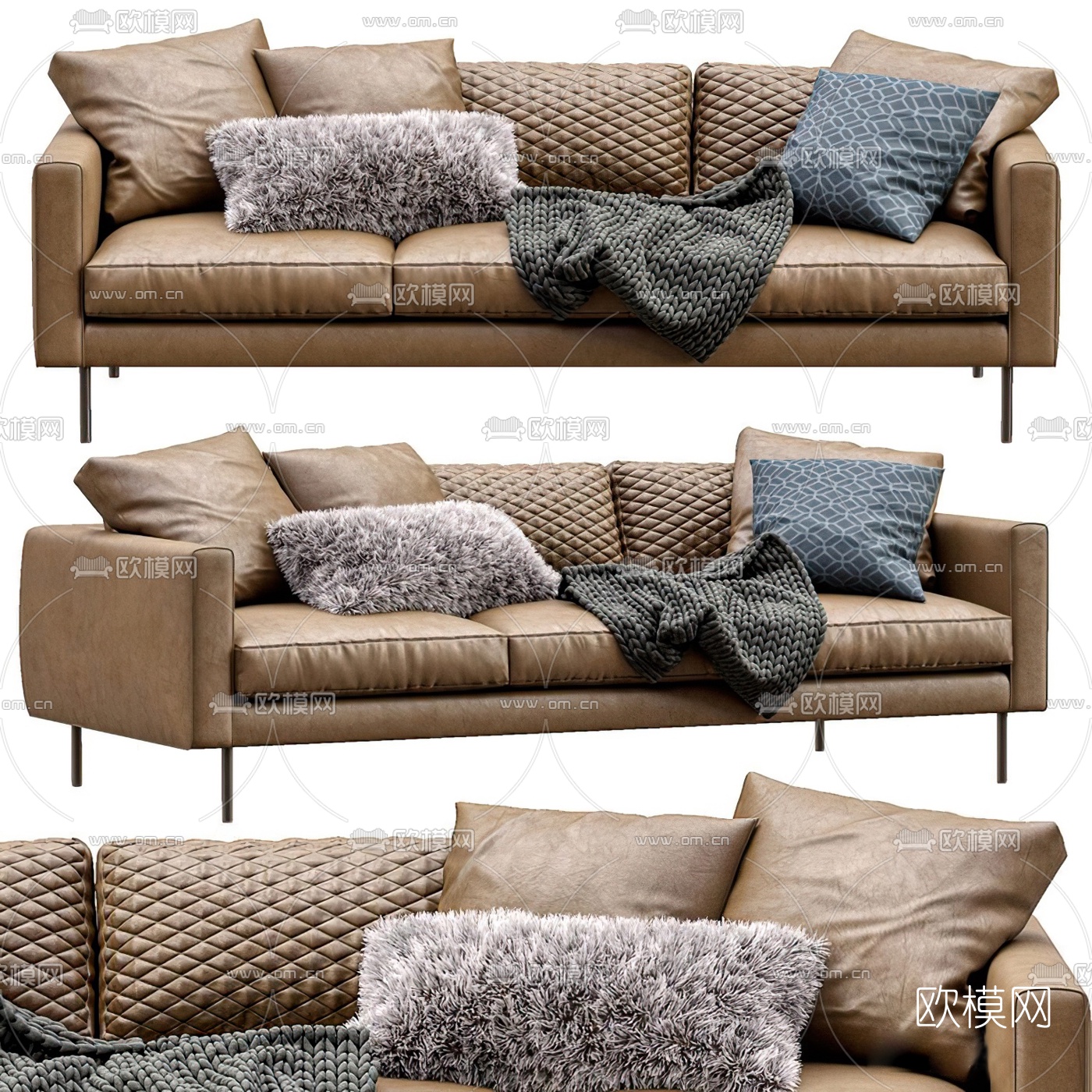 现代皮革多人沙发 三人沙发3d模型下载