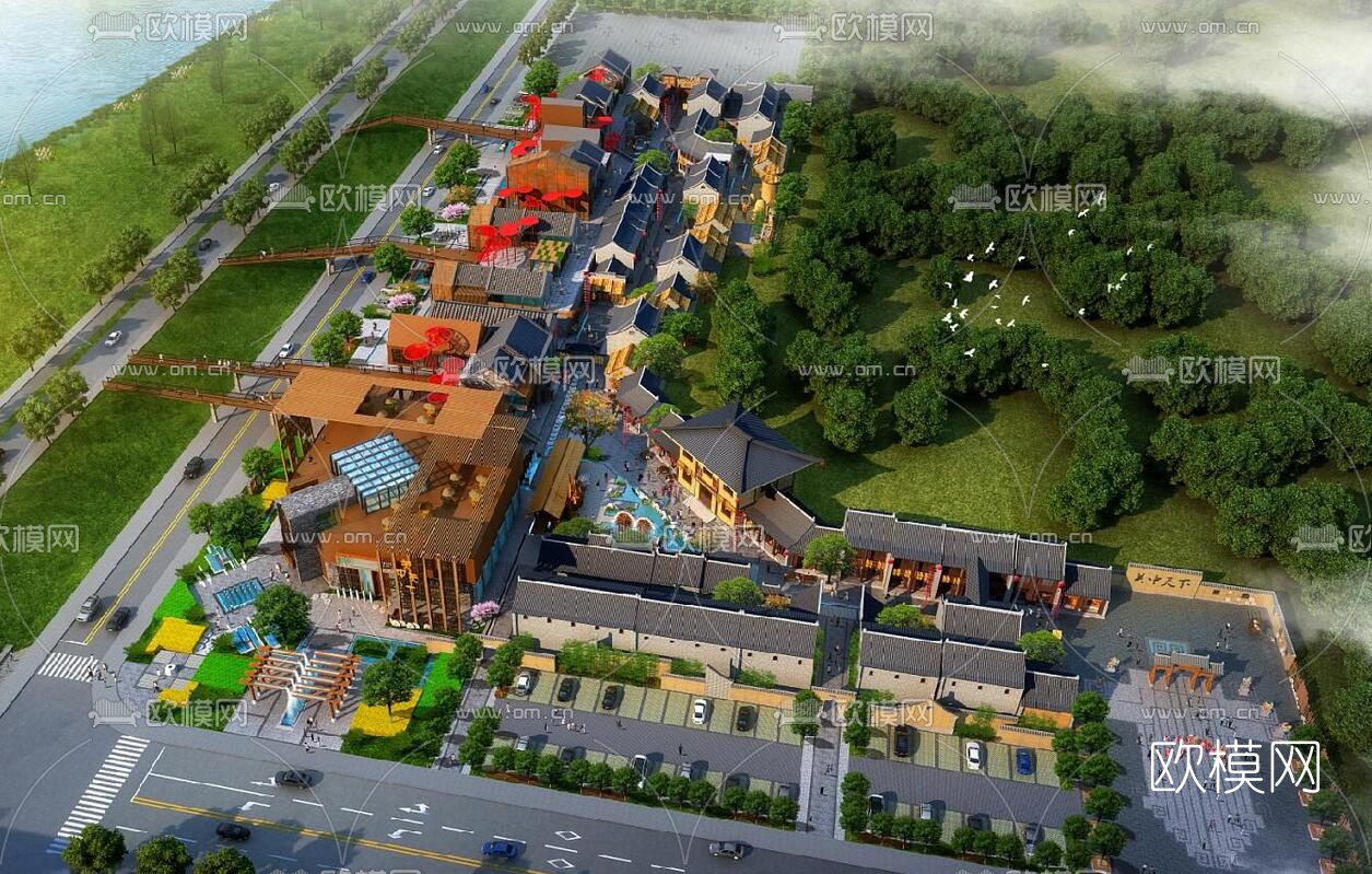 中式仿古商业街su模型下载（渲染图1）