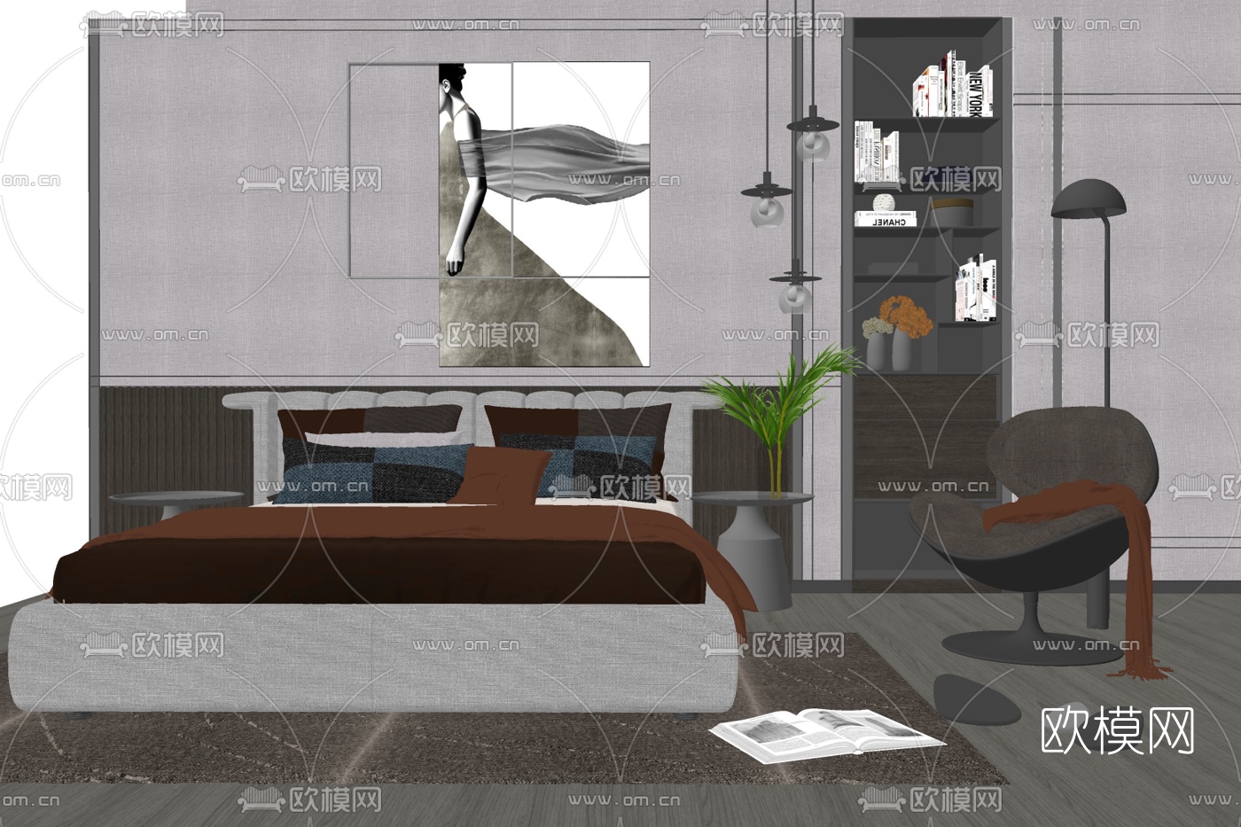 现代布艺双人床su模型下载