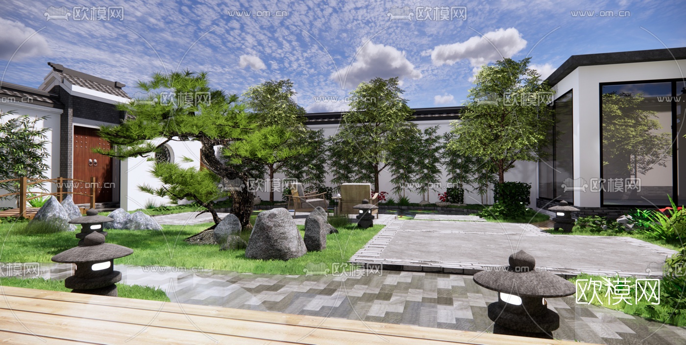 新中式庭院景观su模型下载（渲染图4）