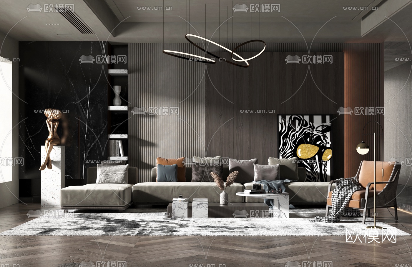 现代绒布转角沙发组合3d模型