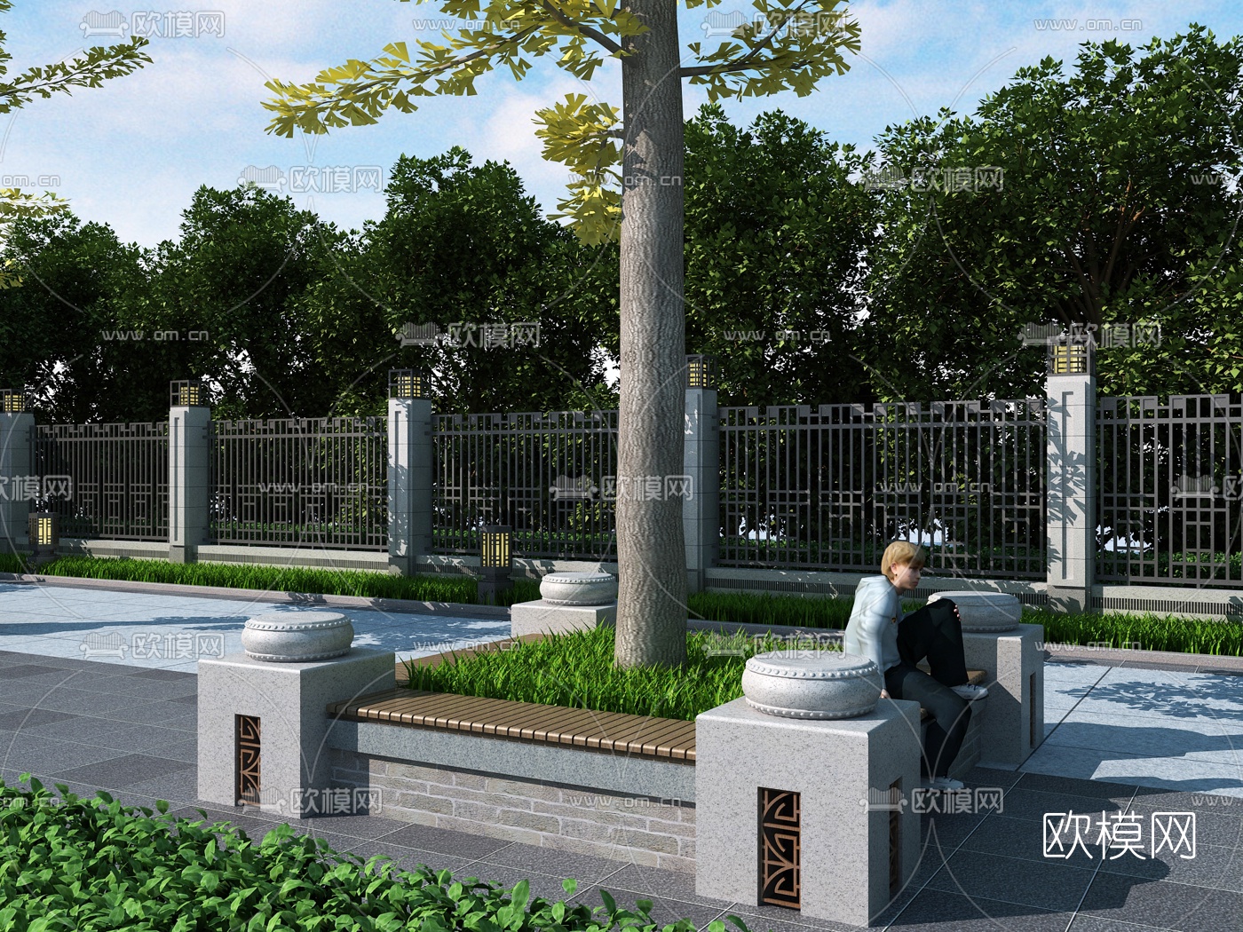 新中式围墙树池3d模型下载（渲染图1）