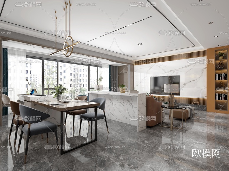 现代客厅餐厅3d模型下载(渲染图2)