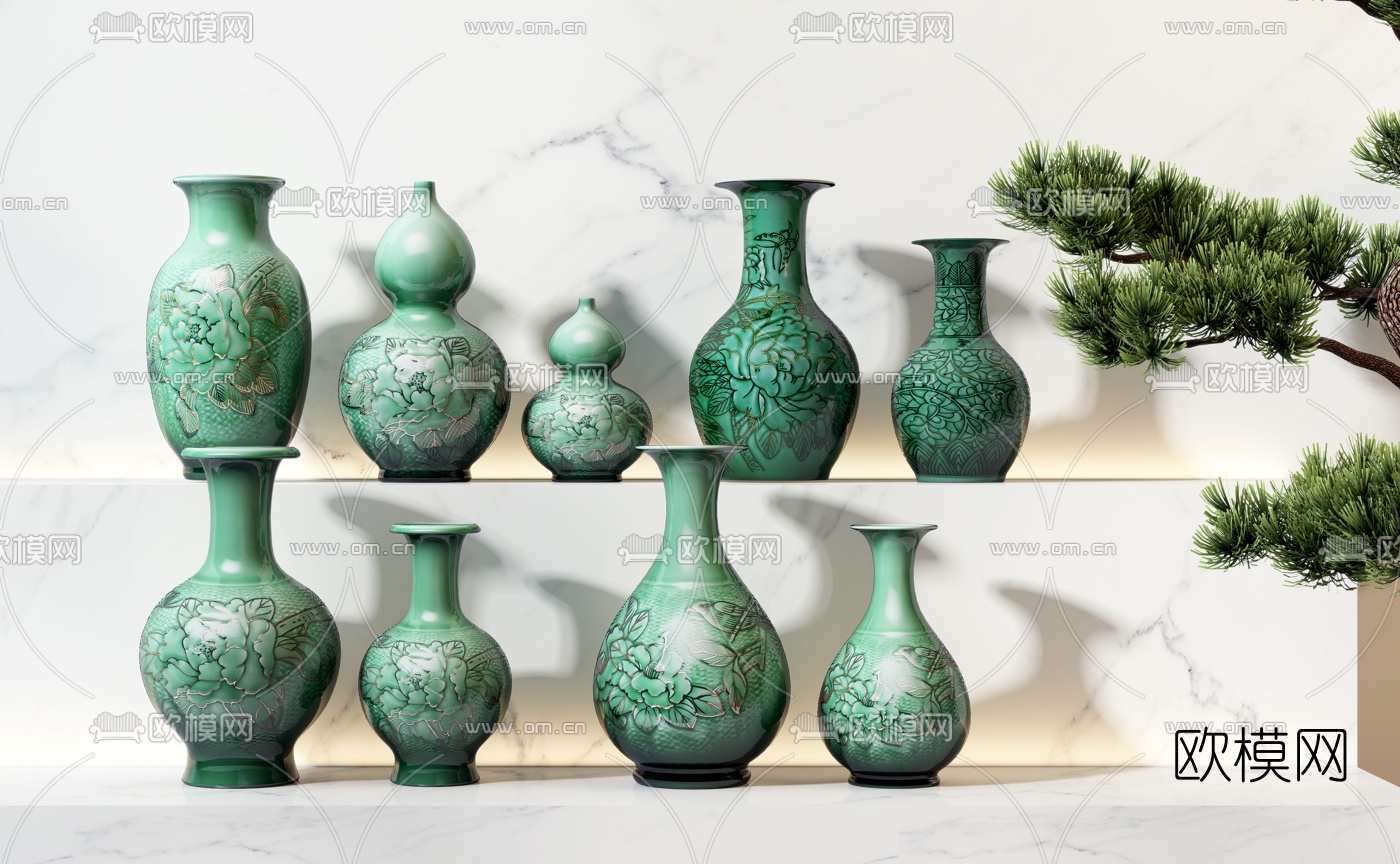 新中式雕花陶瓷器皿3d模型下载（渲染图1）