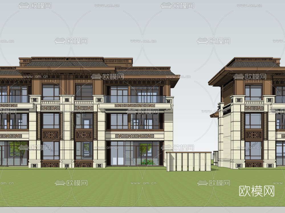 中式连排别墅外观su模型下载（渲染图4）