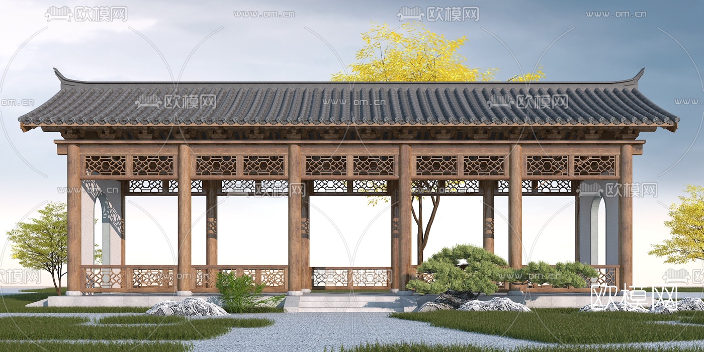 中式古建长廊廊架3d模型下载