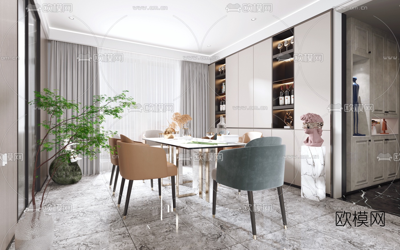 现代客厅餐厅3d模型下载（渲染图2）