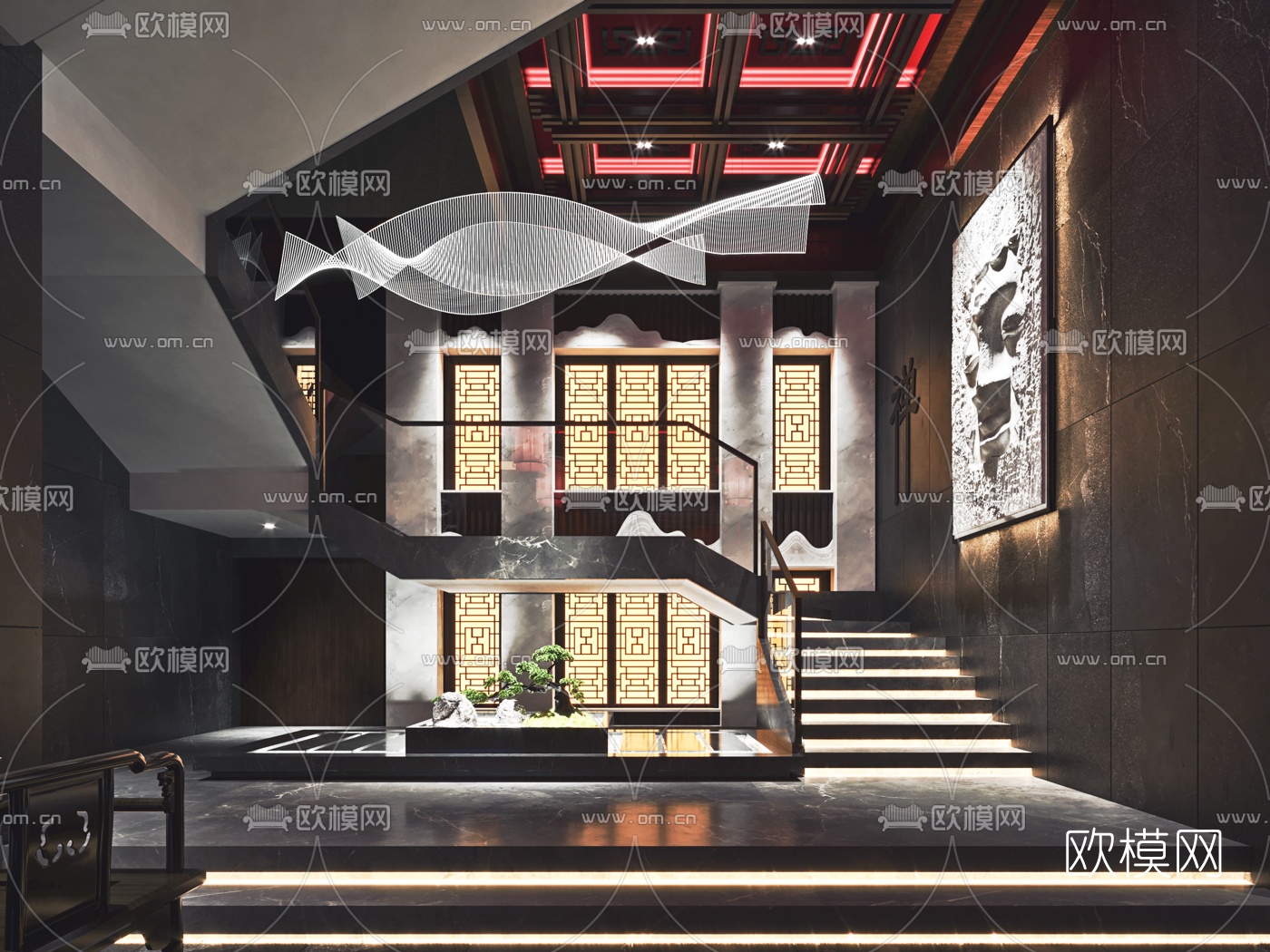 新中式会所楼梯间过道3d模型
