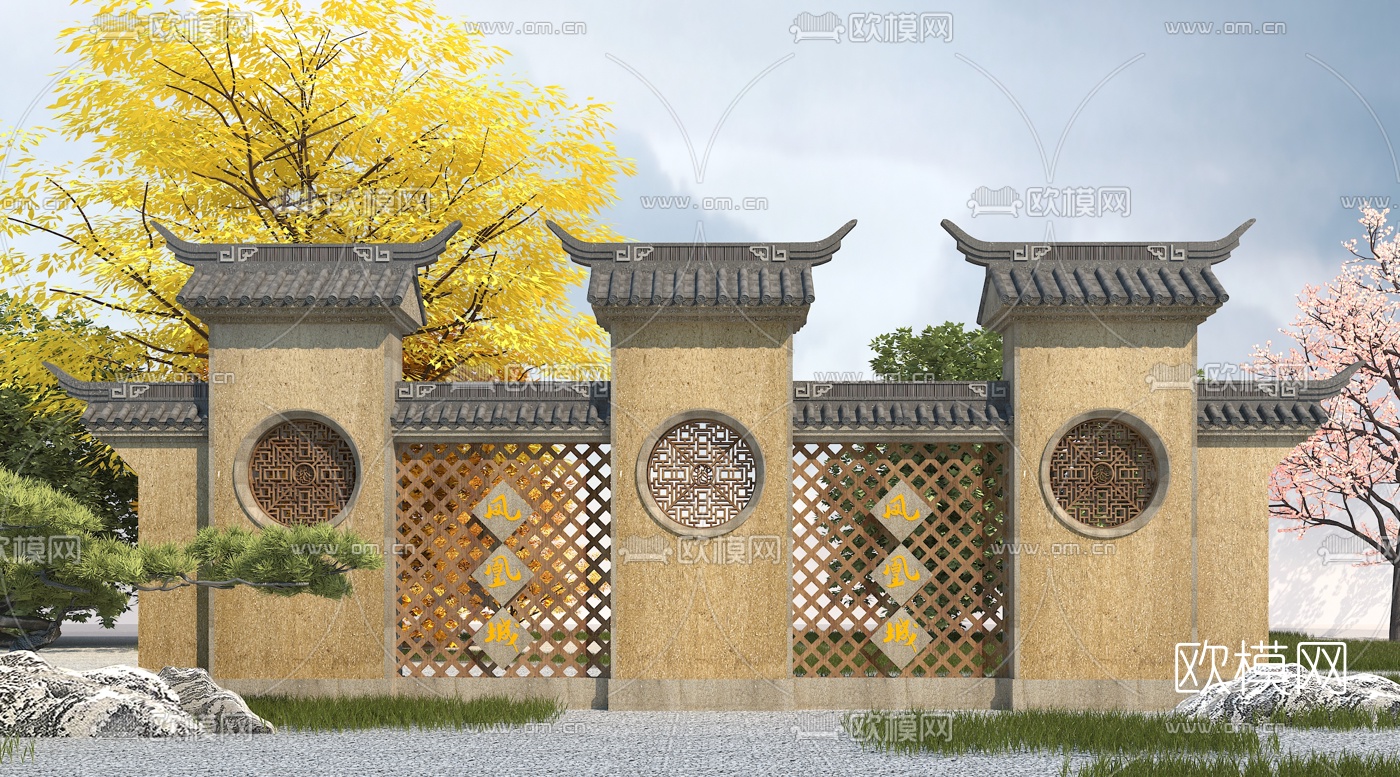 中式园林景观墙3d模型下载