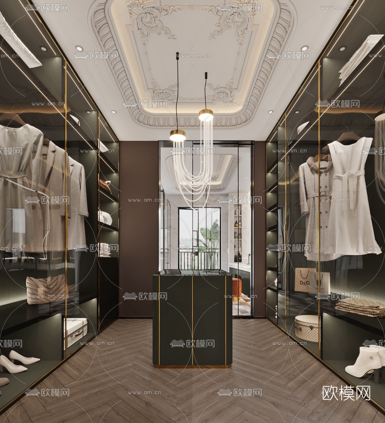 简欧衣帽间卫生间过道3d模型下载（渲染图1）