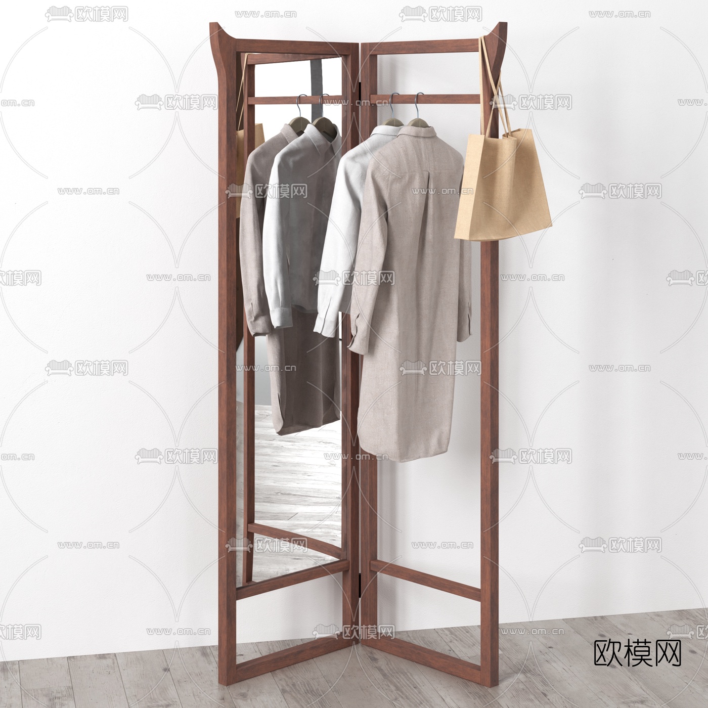 北欧实木衣帽架试衣镜3d模型下载（渲染图4）