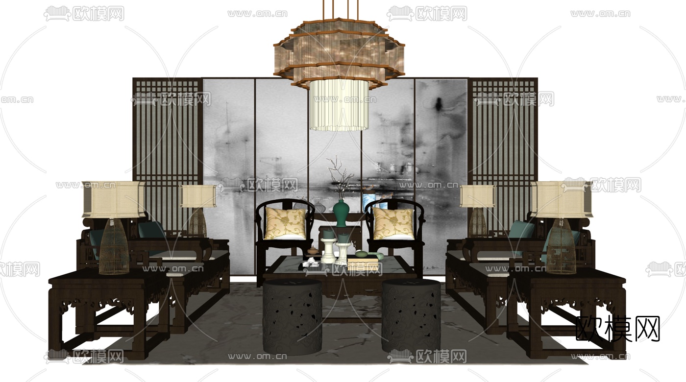 中式实木组合沙发su模型下载