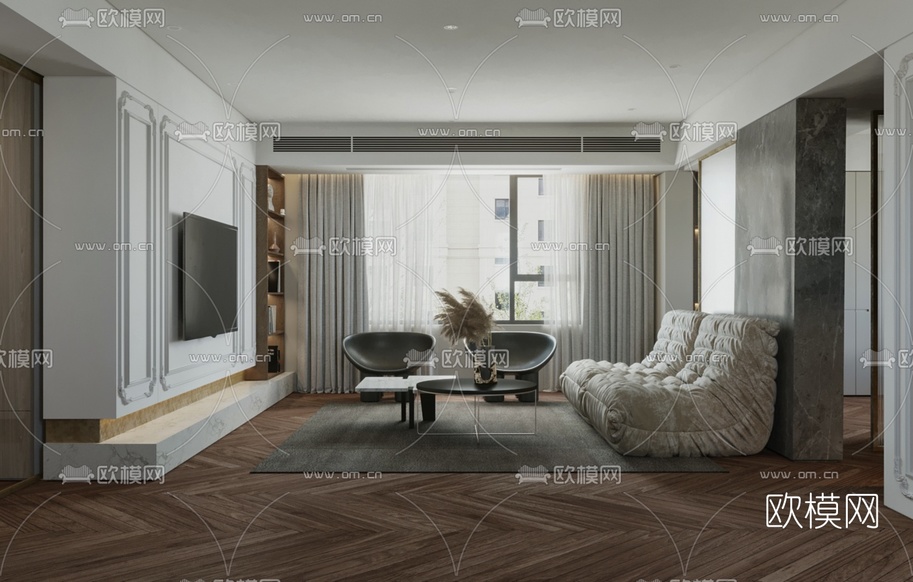 现代客厅餐厅厨房3d模型下载(渲染图1)