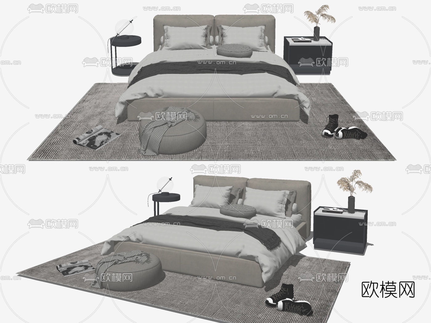 现代布艺双人床su模型下载（渲染图2）
