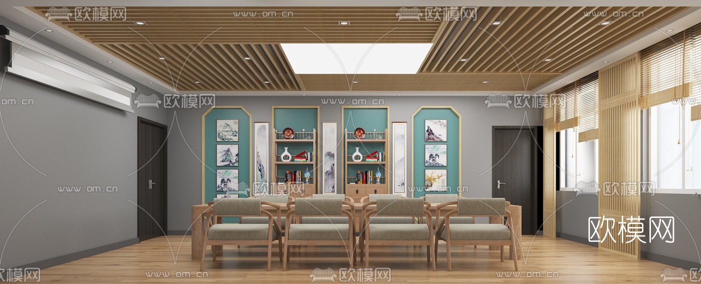 新中式美术教室培训室免费3d模型下载（渲染图2）