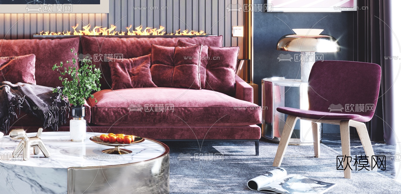 北欧布艺转角沙发组合3d模型下载（渲染图4）