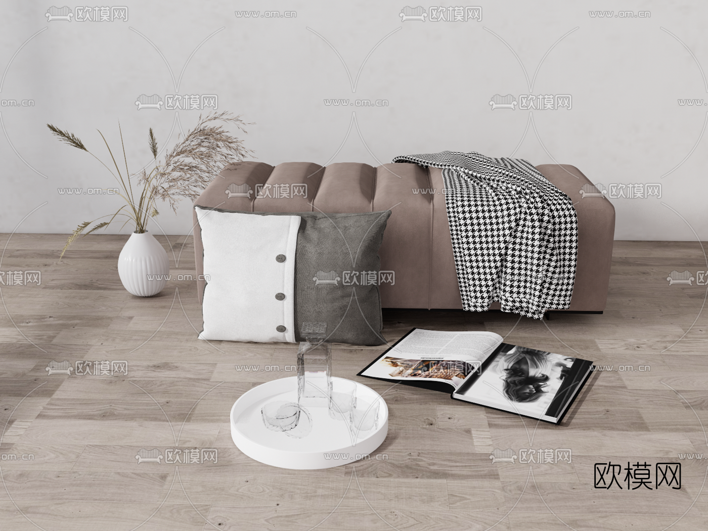 现代床尾凳脚踏su模型下载（渲染图1）