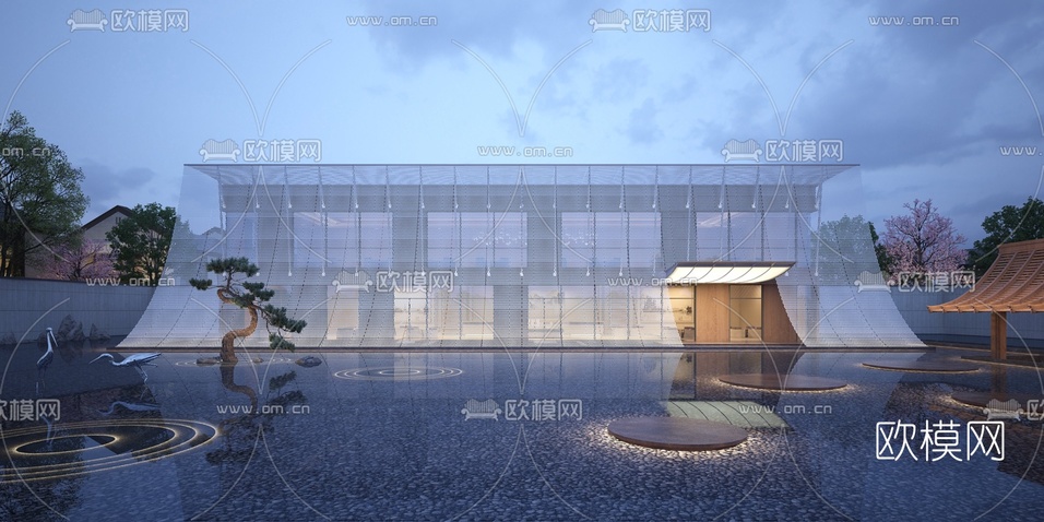 现代会所夜景建筑外观3d模型下载