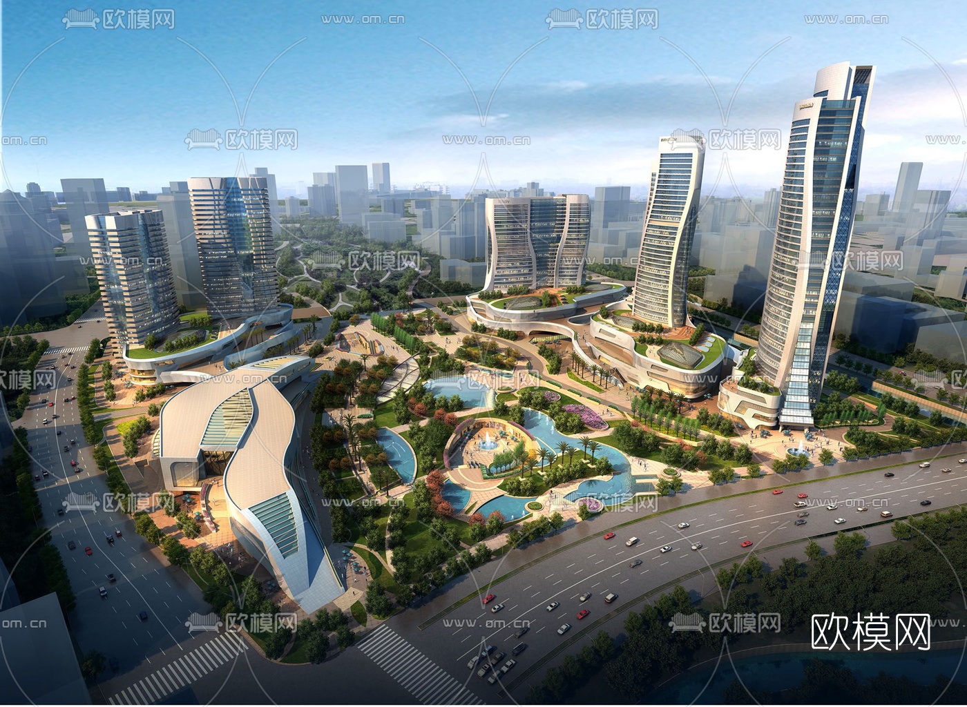 现代商业综合楼su模型下载（渲染图1）