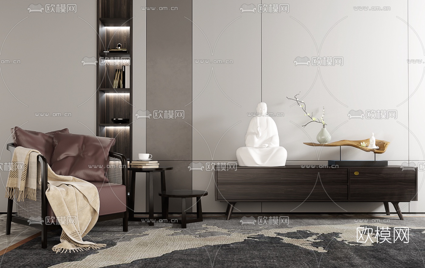 新中式实木电视柜休闲椅3d模型下载（渲染图1）