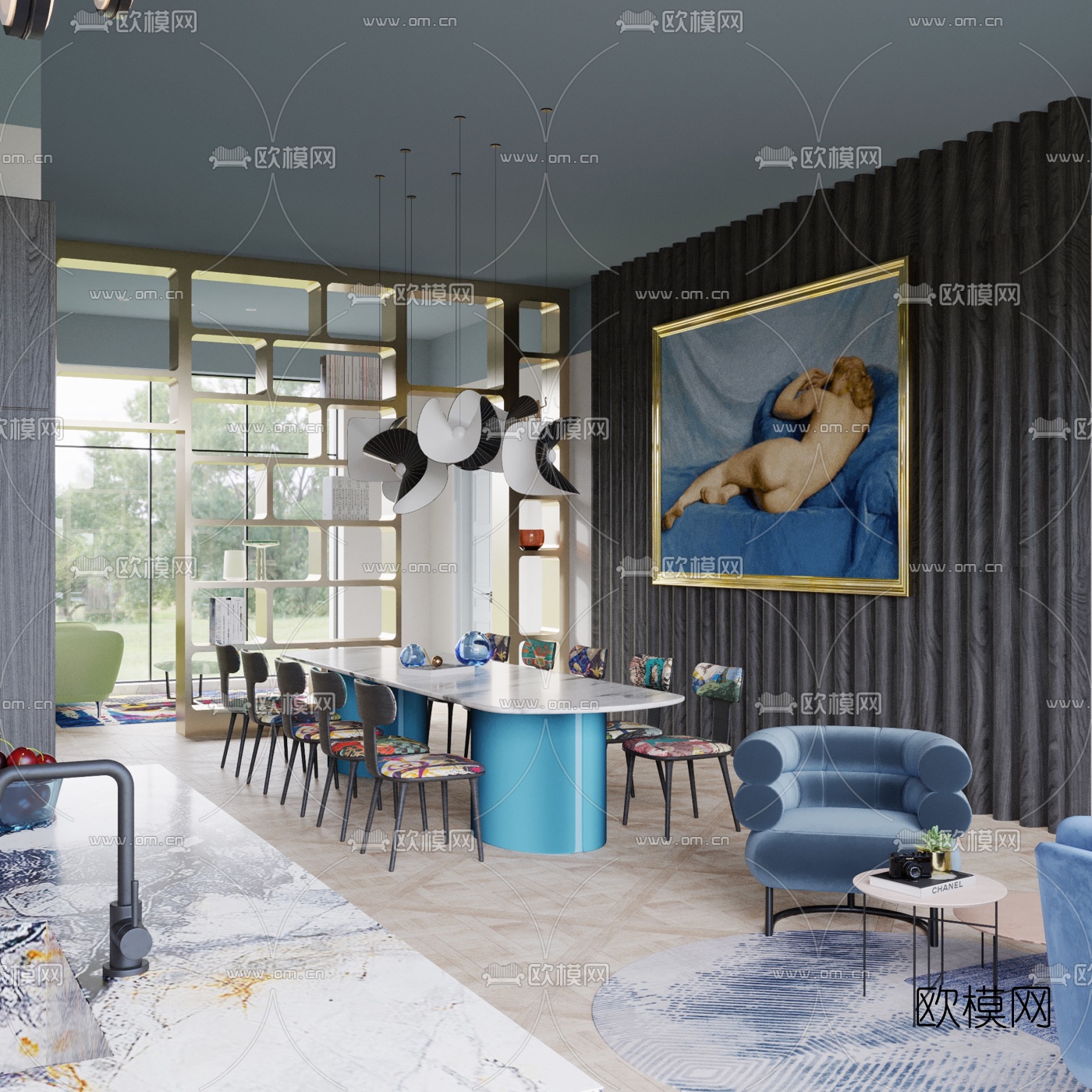 后现代简约别墅客厅餐厅3d模型