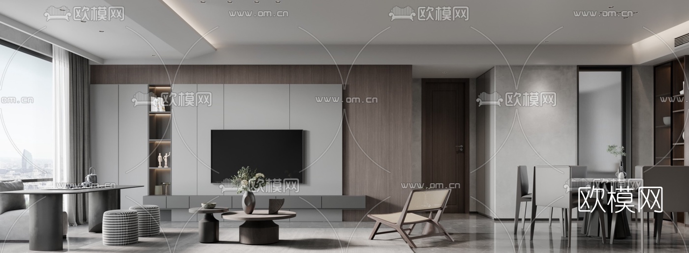 现代高级灰客厅餐厅3d模型下载（渲染图2）