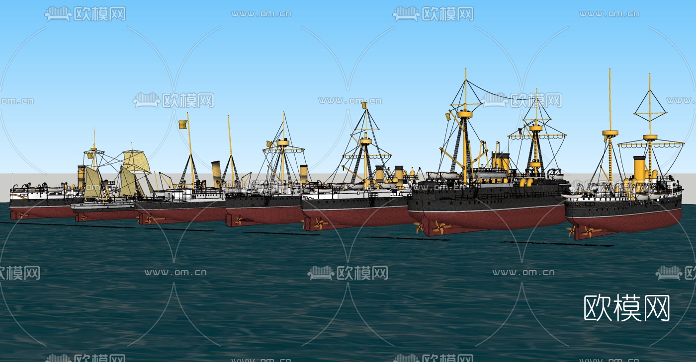 中式大清北洋水师战舰船舶su模型下载（渲染图2）