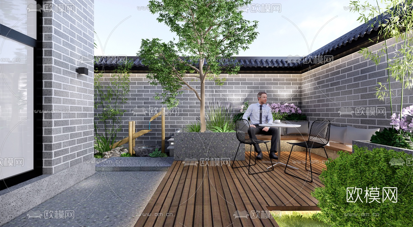 现代民宿庭院景观su模型下载（渲染图1）