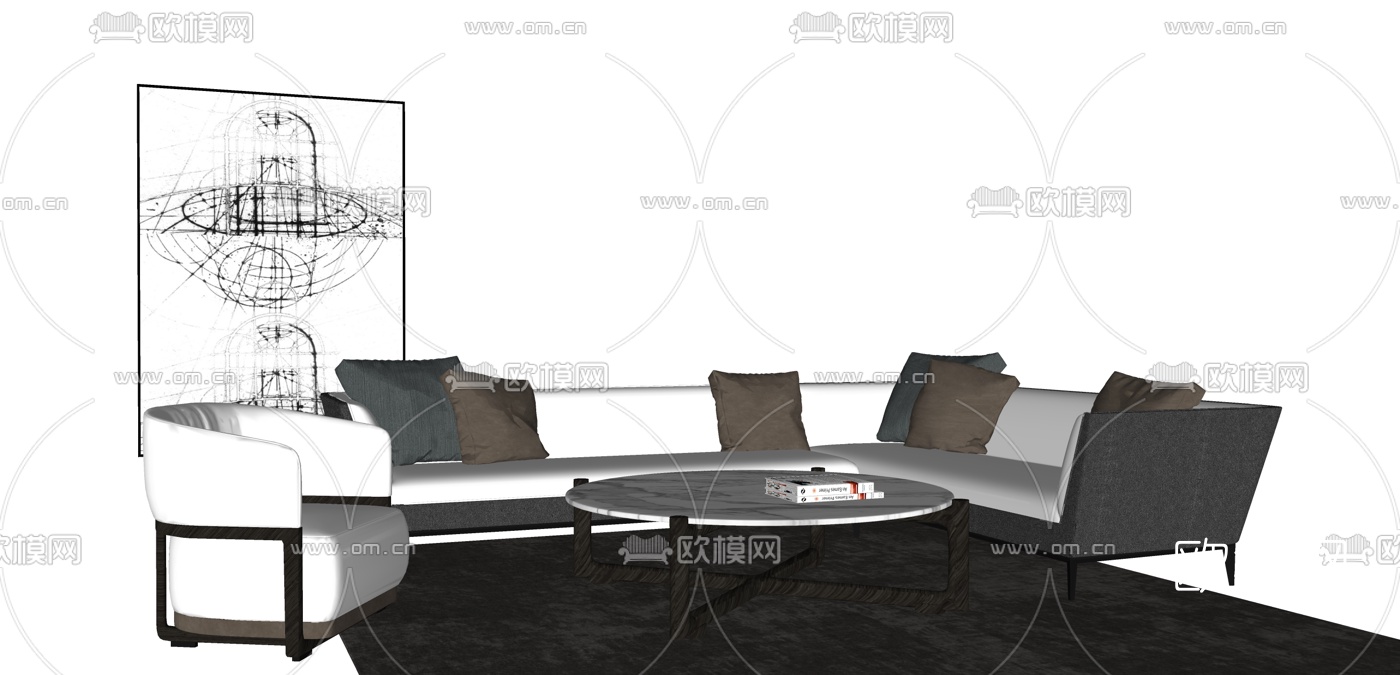 现代布艺多人沙发su模型下载（渲染图1）