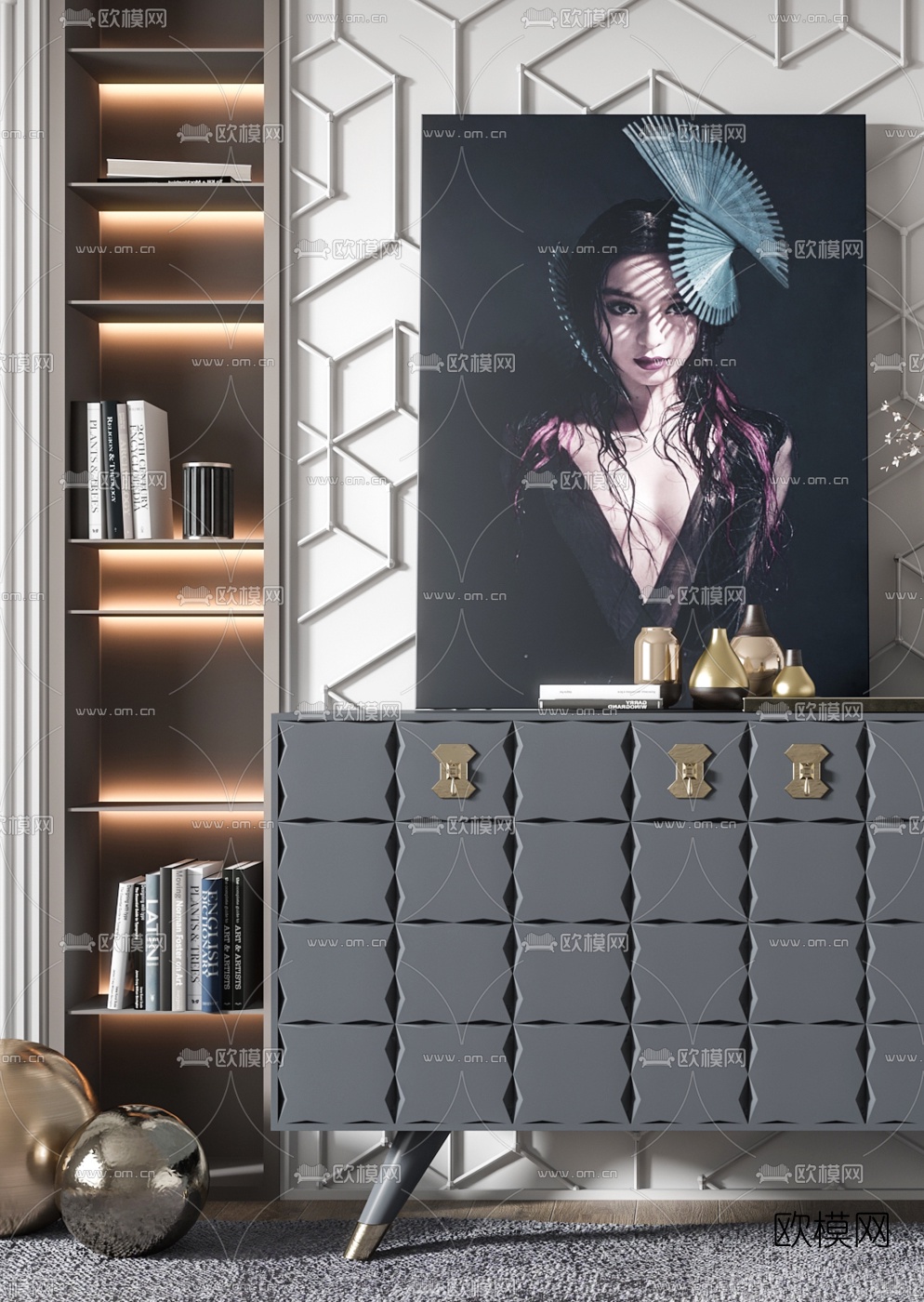 美式烤漆玄关柜边柜3d模型下载（渲染图2）