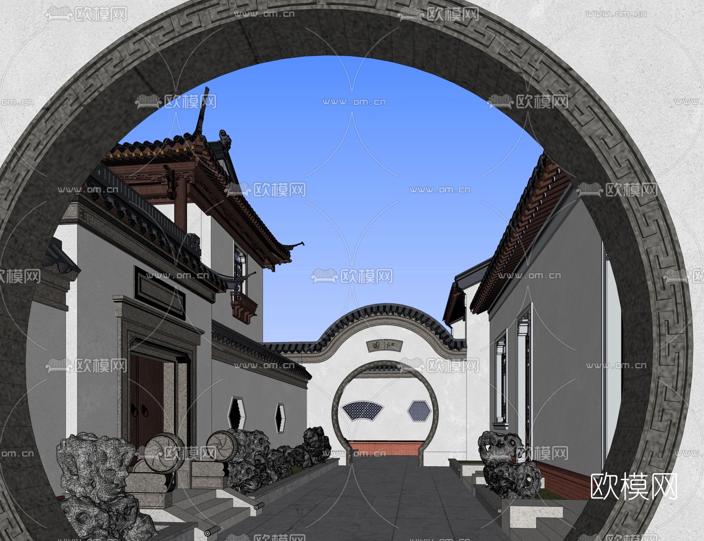 中式古建前院景观su模型下载（渲染图2）