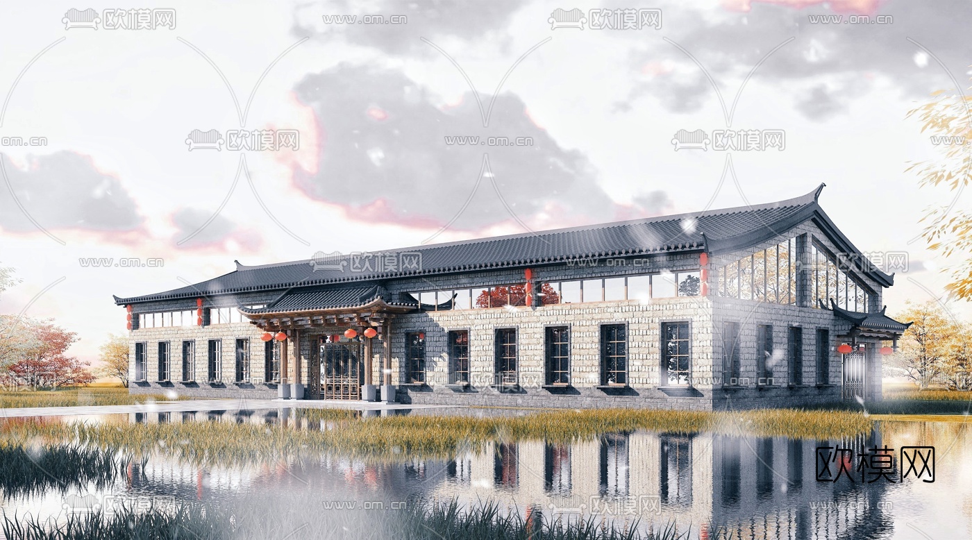 新中式农家乐度假酒店外观3d模型下载