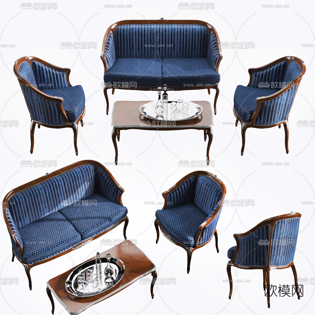美式布艺沙发组合3d模型下载