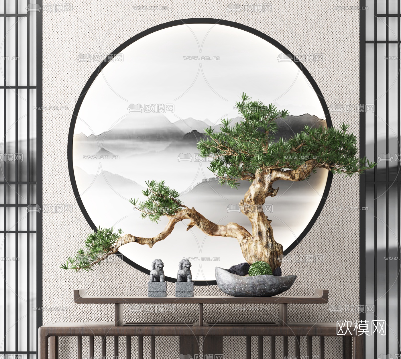 新中式实木端景条案3d模型下载（渲染图2）