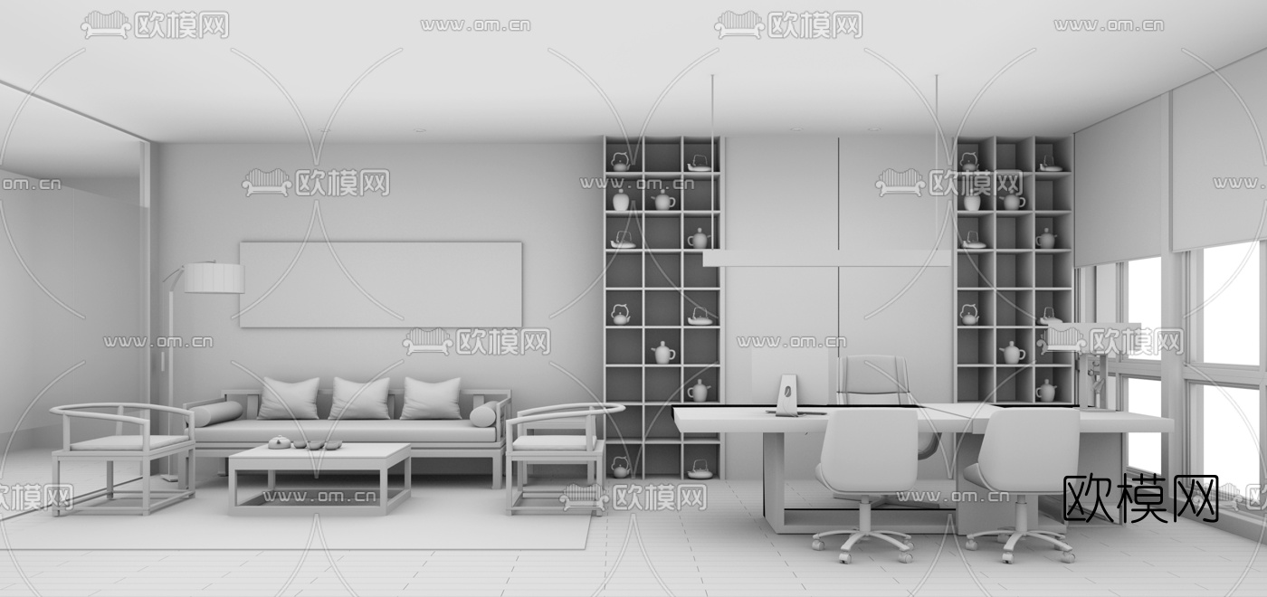 新中式董事长办公室su模型下载（渲染图3）