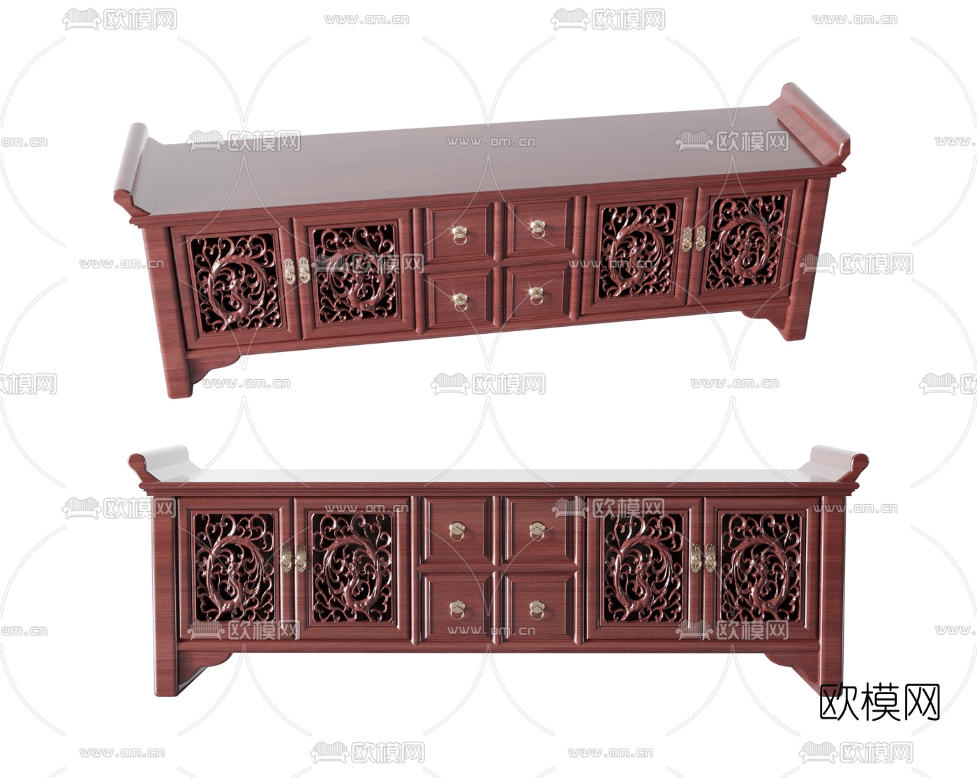 中式红木雕花电视柜3d模型下载（渲染图1）