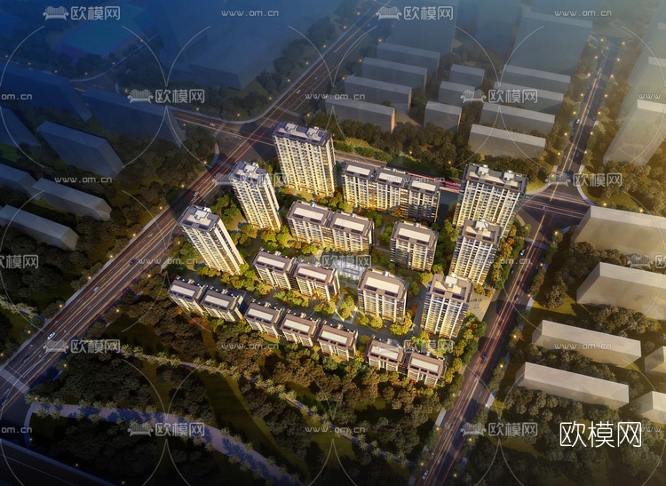现代小区规划鸟瞰su模型下载（渲染图1）