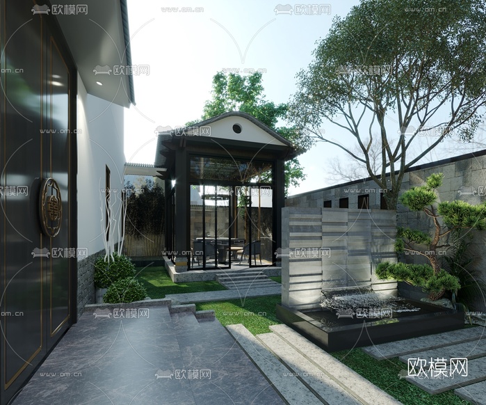 新中式别墅庭院花园3d模型下载