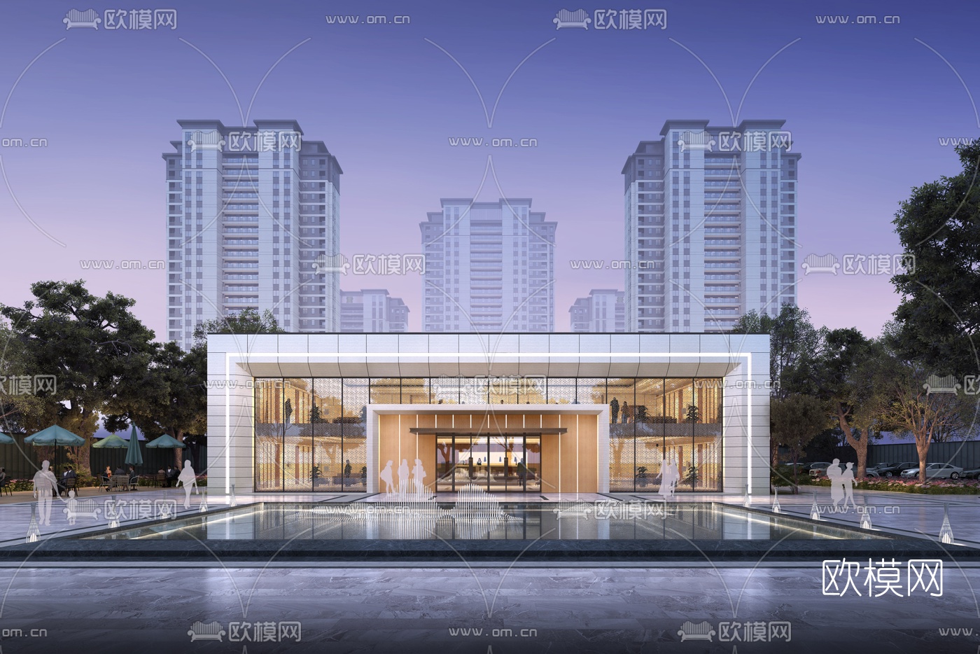 现代售楼处建筑外观夜景3d模型-免费3dmax模型库-欧模网