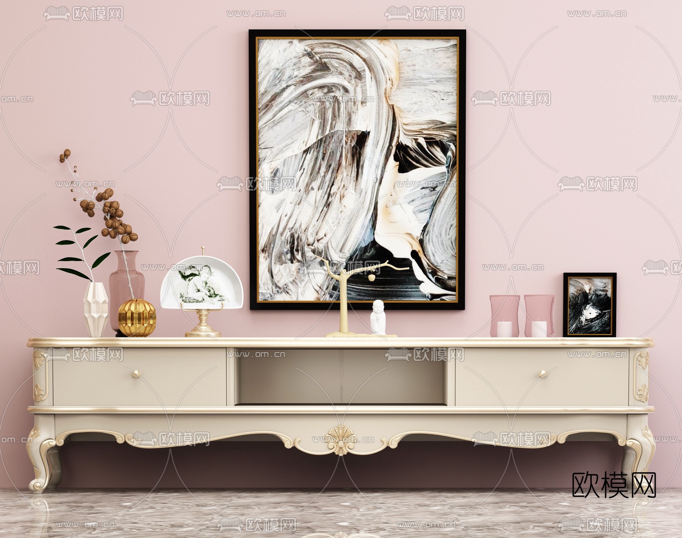 欧式轻奢电视柜3d模型下载（渲染图1）