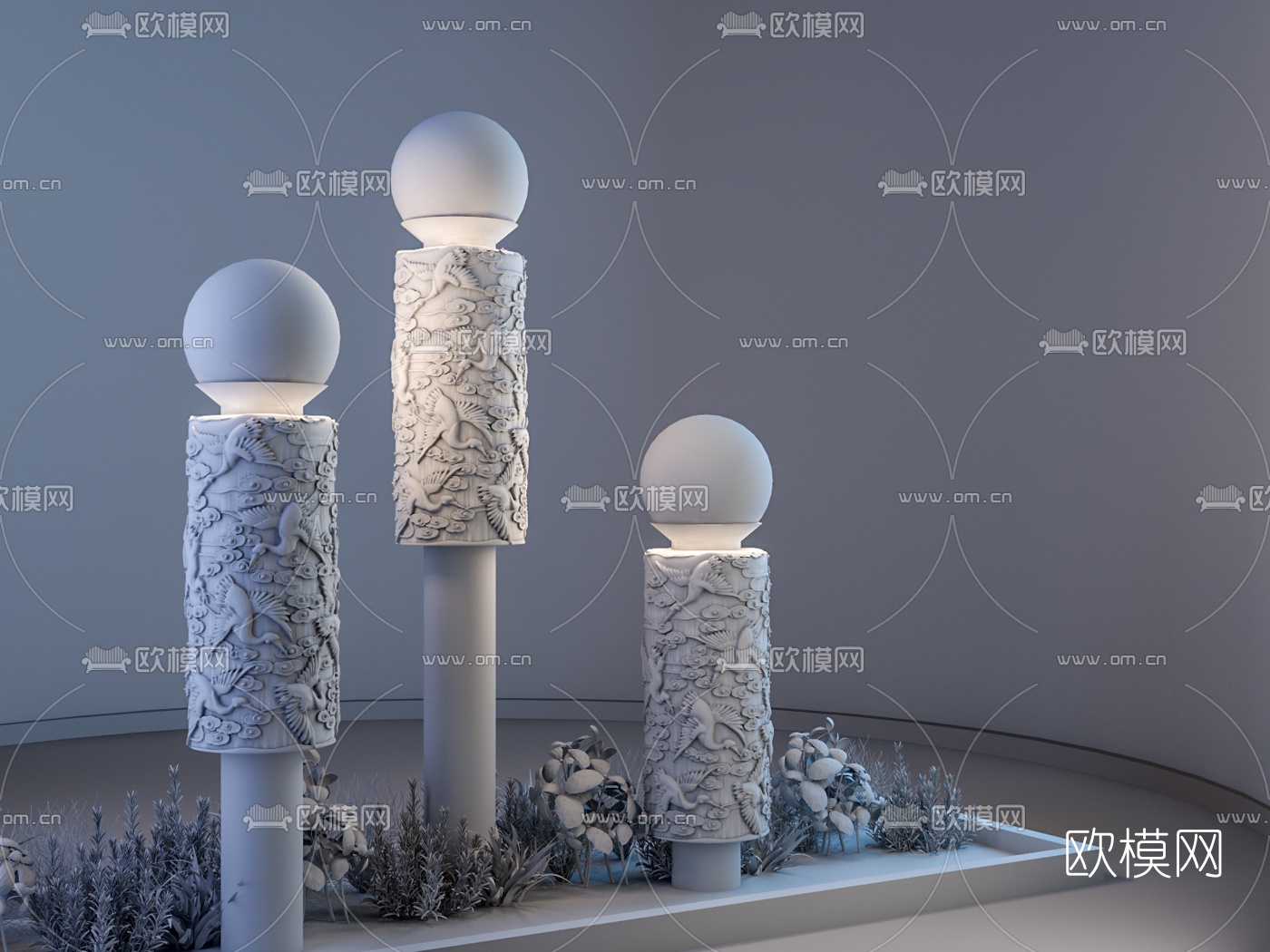 新中式纯铜浮雕草坪灯3d模型下载（渲染图2）